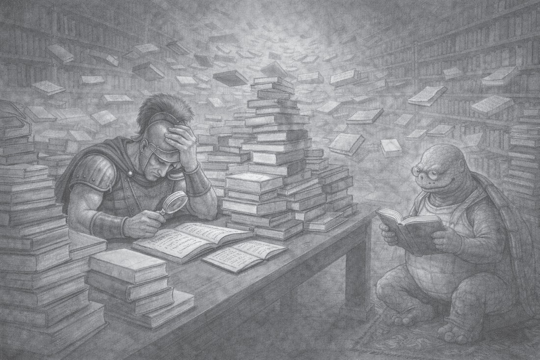 Achilles slumped over a mountain of freshly printed books with a magnifying glass while the Tortoise reads a single old volume, in a library whose shelves stretch into infinity